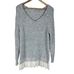 Soft Surroundings Soft Spoken Knit Sweater Gray Lace Trim V-Neck Size S EUC